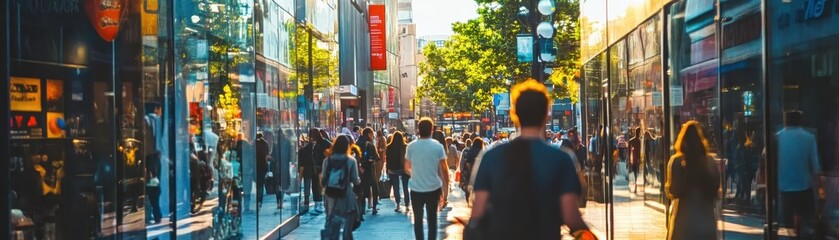 Fototapeta premium Busy urban street filled with people walking in the sunlight on a vibrant day with reflections in glass windows.