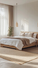 A Serene Sanctuary:  A Minimalist Bedroom Bathed in Warm Sunlight, Featuring a Plush Bed, Natural Textures, and a Tranquil Atmosphere.
