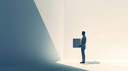 Obraz premium Icon figure, standing in an empty office space holding a box, soft diffused lighting with gentle shadows, desaturated color palette with subtle gradients, clean and minimalistic design, the figure s