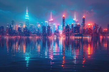 Fototapeta premium City Skyline with Neon Light Streaks Vibrant neon light streaks