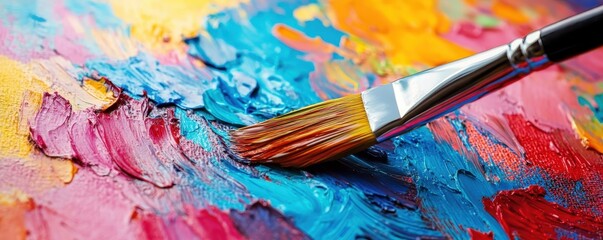Obraz premium Colorful abstract painting with a brush blending vibrant colors on canvas. Creative art background for artistic projects and design inspiration.