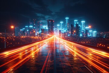 Fototapeta premium City Skyline with Neon Light Streaks Vibrant neon light streaks