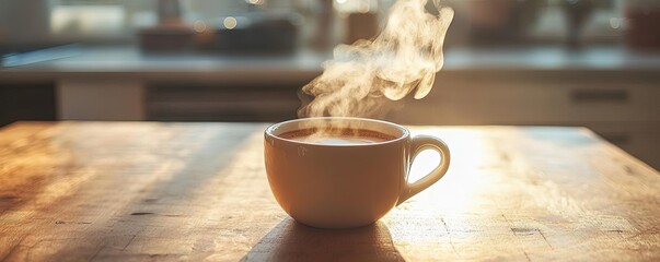 First sip of coffee with steam rising, Monday morning, invigorating start