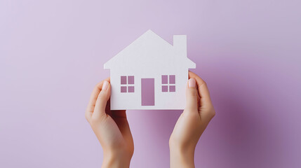 Close up hands holding a paper with house shape, model home on the middle against pastel purple on background, Real estate concept