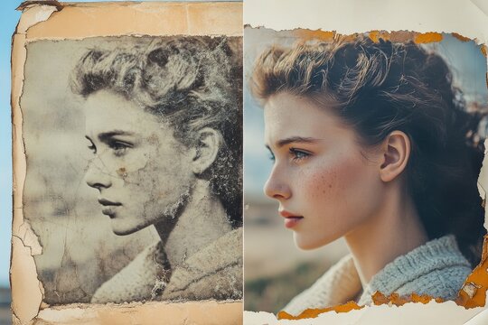 A before and after comparison of a photo restoration, showing an old, damaged photograph brought back to life with color and clarity