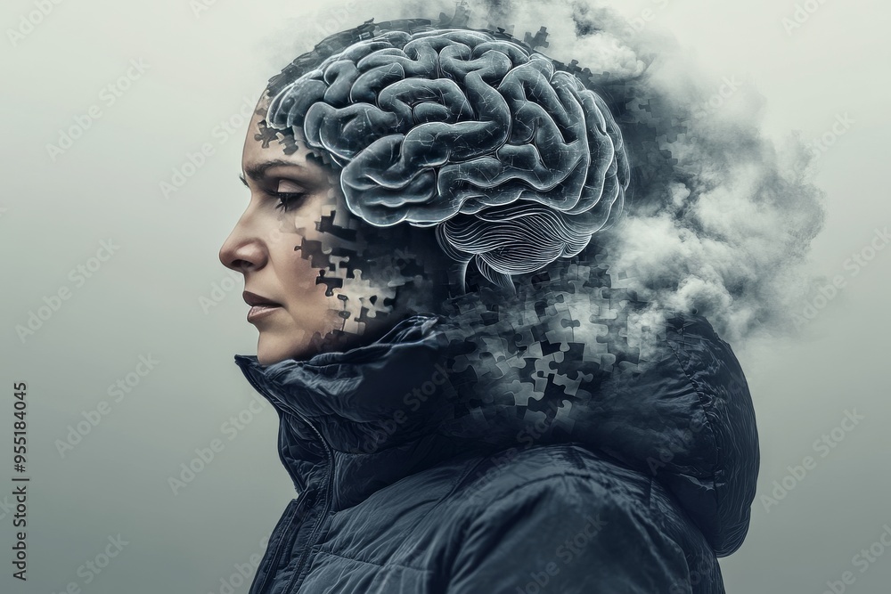 Aufkleber cooperative network psyche human profile enveloped in freezing mist showcasing a brain with crystall