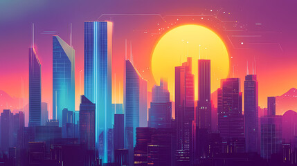 Obraz premium Futuristic solar-powered city with sci-fi skyline and utopian energy concept. Skyscraper. Illustration