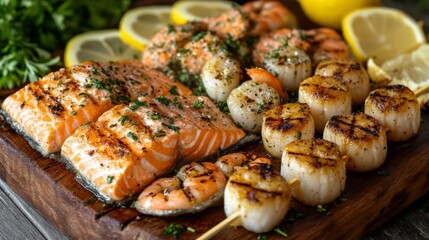 A seafood lover's dream platter featuring grilled salmon fillets, shrimp skewers, and scallops, served with a side of lemon wedges and fresh herbs.