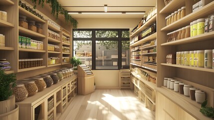 Obraz premium A clean eco-friendly store with 3D-rendered bulk food bins and products
