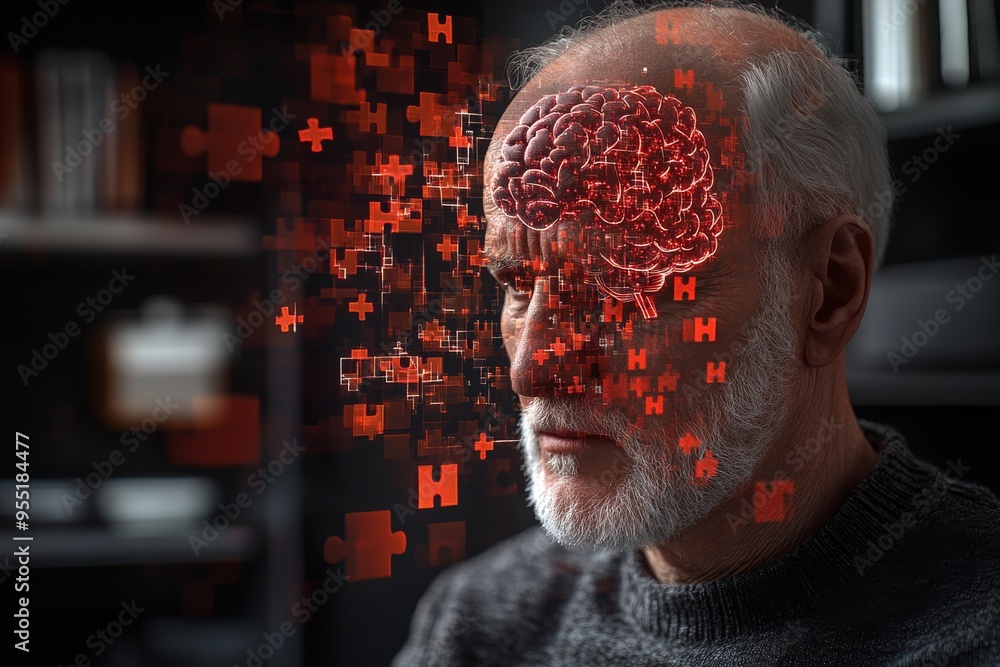 Poster social brain network psyche elderly man with fragmented pixels overlaying his brain representing mem