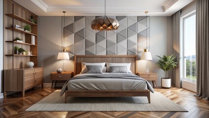 A modern retreat boasting a stylish bed with a geometric headboard, paired with a low-profile dresser and nightstand