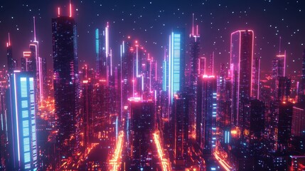 Futuristic cyberpunk city skyline with neon lights and skyscrapers at night, featuring a striking blend of vibrant colors and advanced technology.