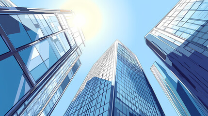 Fototapeta premium Modern skyscrapers with reflective glass windows against a clear blue sky, sun shining in the background, representing urban architecture. Skyscraper. Illustration