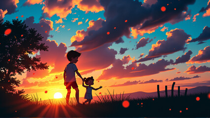 Fototapeta premium Picturesque wallpaper, sunset and sunrise in the field, beautiful views, children, meadow,
