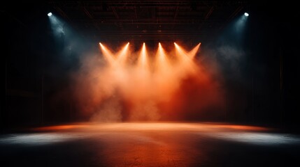 Empty stage with dramatic lighting, creating an atmospheric and cinematic effect, perfect for theater or performance concepts.