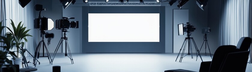 Obraz premium Modern empty film studio with professional lighting and equipment, featuring a large blank screen for productions and shoots.