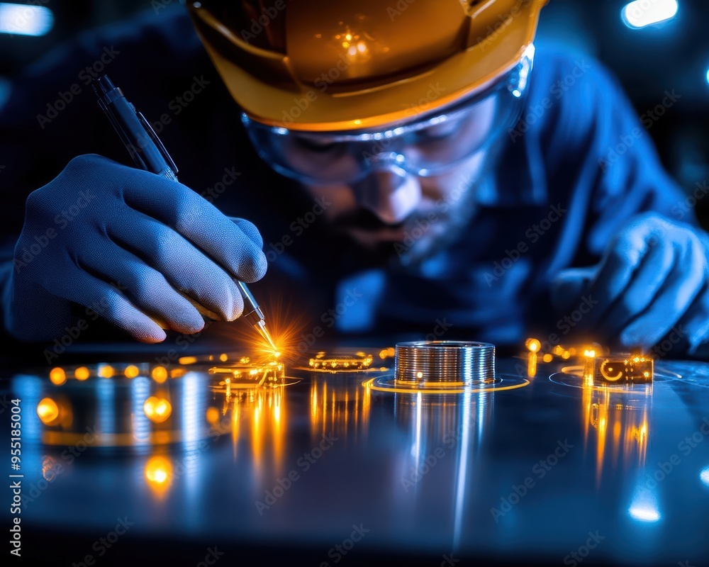 Poster an engineer working meticulously on a circuit board in a workshop, showcasing precision and innovati
