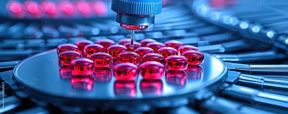 Poster close-up of a laboratory process with red liquid droplets on a tray, showcasing advanced technology 