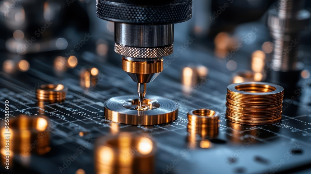 Poster close-up of a precision tool working on metallic components, showcasing intricate details and high-q