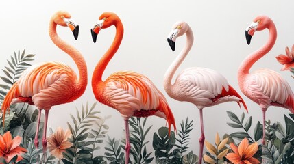 Illustrative pattern featuring a series of flamingo floats in different poses and sizes
