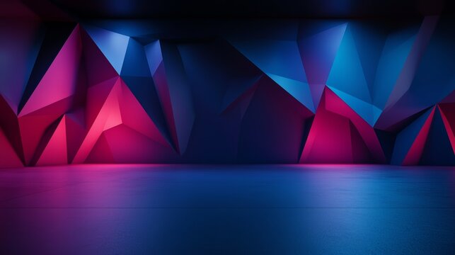 Futuristic geometric background with vibrant neon lights and sharp angles, perfect for modern tech or abstract design themes.