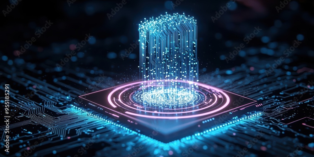 Poster futuristic digital hologram emerging from a microchip, showcasing advanced technology and innovation