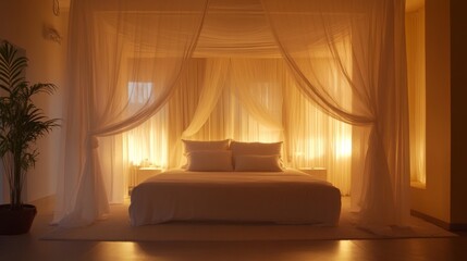 A serene minimalist bedroom with a canopy bed, sheer curtains, and soft lighting, creating a tranquil and romantic atmosphere for relaxation.