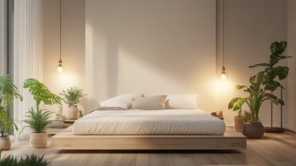 A serene minimalist bedroom with a comfortable mattress on a wooden platform, soft lighting, and potted plants, bringing a touch of nature indoors.