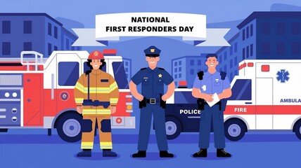 A digital illustration of a group of first responders on National First Responders Day