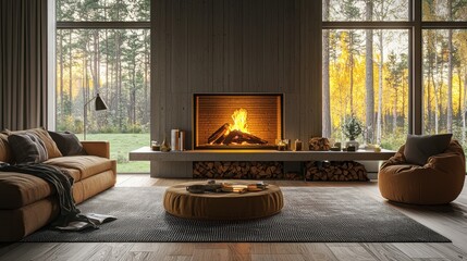 Cozy living room with a fireplace and comfortable seating area decorated in warm tones