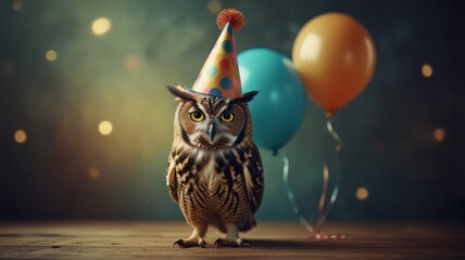 An owl wearing a colorful birthday hat surrounded by bright balloons, celebrating a fun birthday party atmosphere.