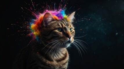 A playful cat with a vibrant splash of colorful paint on its head, showcasing a fun and artistic look.