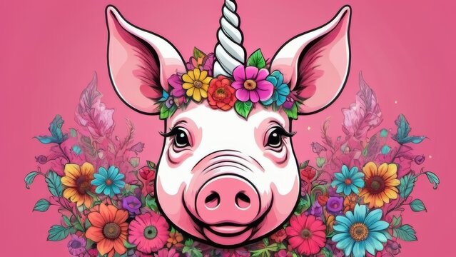 A cute drawing of a pig with colorful flowers adorning its curly hair, looking cheerful and playful in a sunny setting. - Powered by Adobe