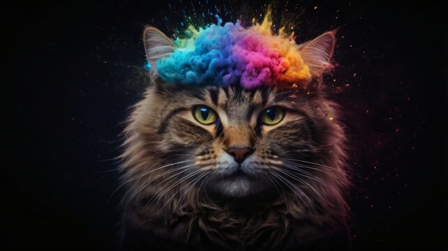 A quirky cat with a vibrant rainbow-colored brain sitting playfully on its head, showcasing a fun and imaginative vibe.