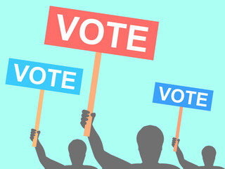 Silhouettes of people holding posters with the word "vote". Election support group. Voter support, crowd with posters. Election campaign, agitation. Banner and poster design. Vector illustration