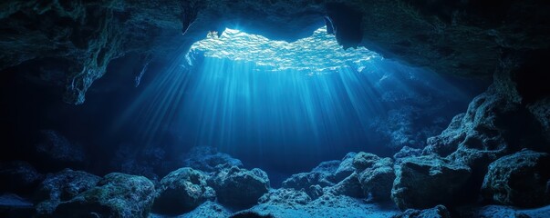 Obraz premium Sunlight illuminating a serene underwater cave, with beams of light cutting through the clear blue water, revealing rocky formations.