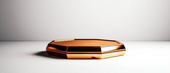 A floating hexagonal podium made of polished brass, isolated on white