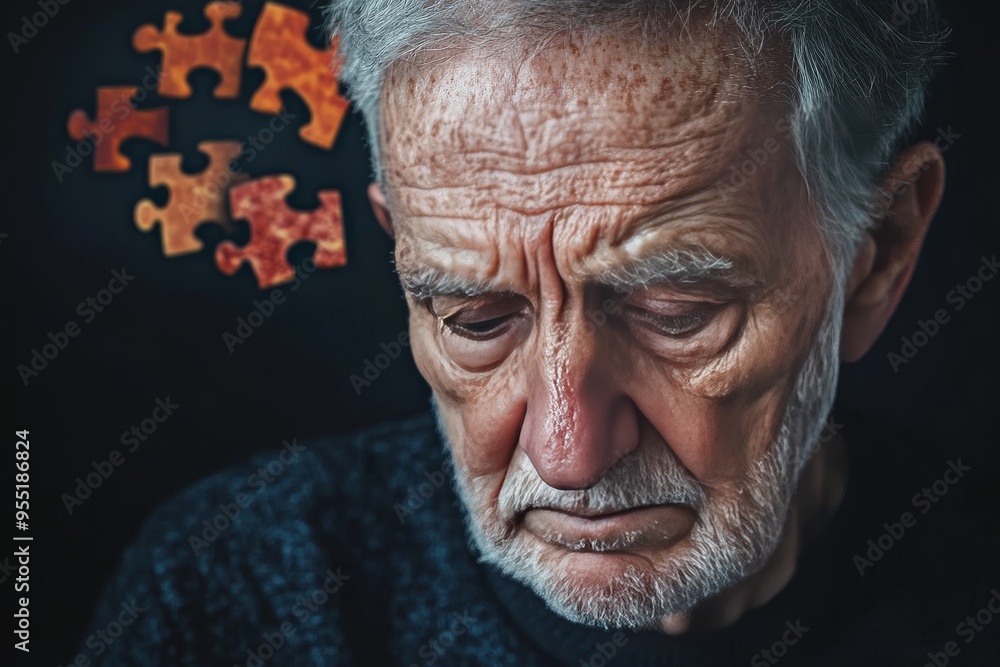 Poster neural connection psyche elderly man with puzzle pieces falling from his head symbolizing the deteri