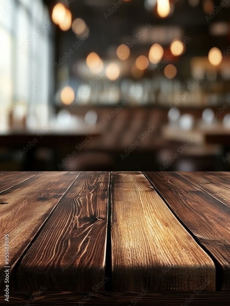 Poster empty rustic wood table and blurred soft light table in restaurant with bokeh background. product di