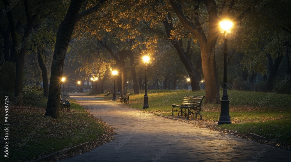Poster A serene park path illuminated by streetlights, with soft light casting gentle shadows and creating a tranquil evening setting.