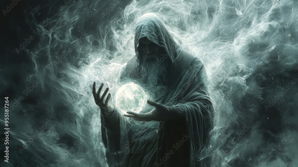 Wall mural mystical sorcerer conjuring energy sphere.