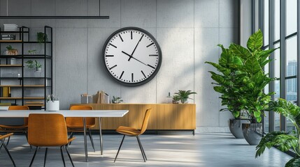 Oversized wall clock with bold, black numerals on a crisp, white background, marking the rhythm of a modern office