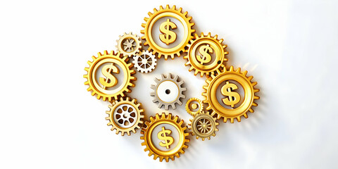 3D Digital Gears and Money Symbol Concept for Automated Cost Management Technology - Abstract Vector Design on White Background