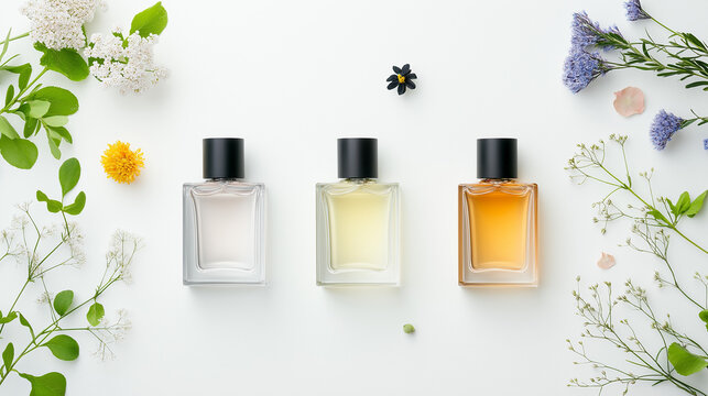 A modern and chic flat lay of designer perfume bottles, with minimalist labels and sleek shapes, arranged on a clean, white surface with hints of fresh flowers and delicate accessories.