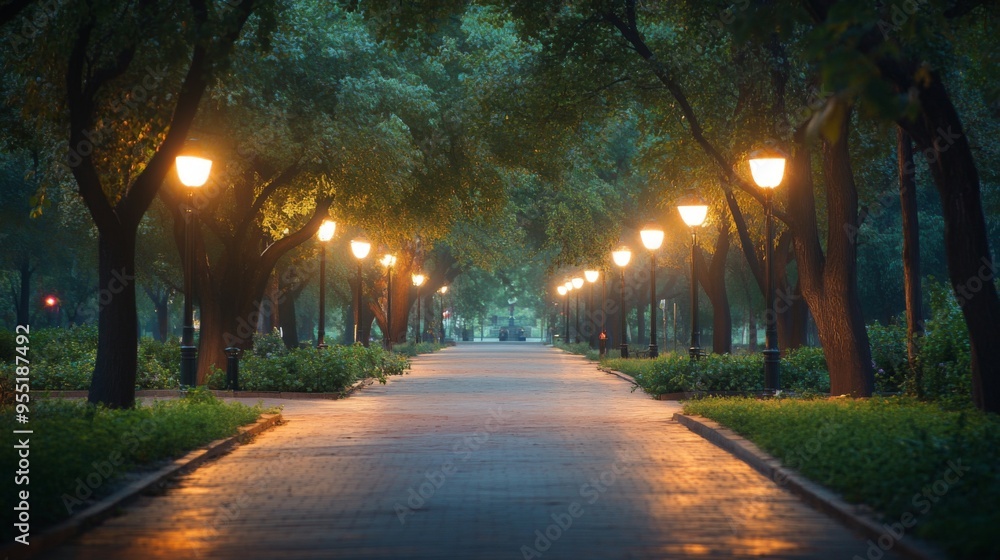 Poster A serene park path illuminated by streetlights, with soft light casting gentle shadows and creating a tranquil evening setting.