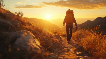 Fototapeta premium Silhouetted hiker navigating a winding, rocky trail, the setting sun casting a warm, golden glow