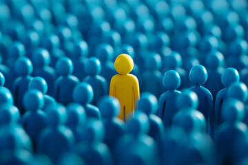Obraz premium standing out from the crowd, job interview concept, yellow figure in the middle of large blue crowd