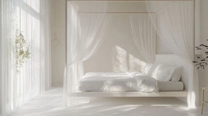 A serene white bedroom in minimalist design, with a canopy bed, sheer curtains, and minimalistic decor, evoking a sense of purity and calmness.