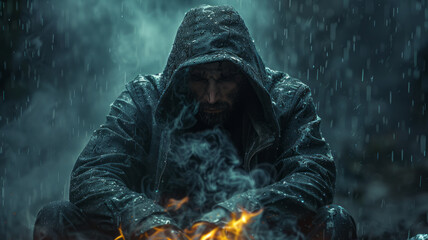 man with hood on sitting in the rain sad, looking down.