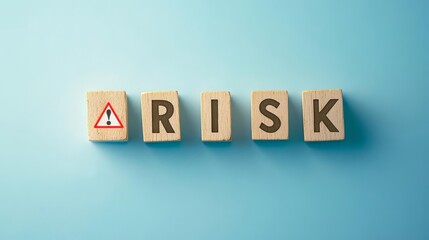 Obraz premium Conceptual image showcasing the word 'RISK' on wooden blocks with a warning symbol, symbolizing caution and awareness.